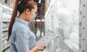 woman-taking-inventory-with-mobile-ERP-software-in-warehouse